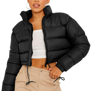 <b>Women's</b> Custom Logo <b>Cropped</b> Long Sleeve Oversized Bubble <b>Jacket</b> Winter Quilted Short Coat Stand Collar Zip-Up <b>Puffer</b> Fabric - Product Image 1