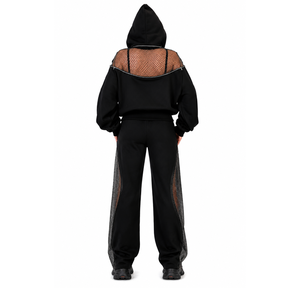 Ensemble 2 pièces streetwear d'hiver pour femme, personnalisé avec strass, coupe ample, dos nu, manches longues, sweat à capuche et pantalon zippé - Product Image 1
