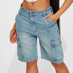 กางเกงขาสั้นผ้ายีนส์แบบมีกระเป๋าหลายช่องสำหรับผู้หญิงกางเกงขาสั้นผ้ายีนส์ฟอกสีผ้าฝ้ายสีฟ้าทันสมัยทันสมัยทันสมัยทันสมัย - Product Image 3