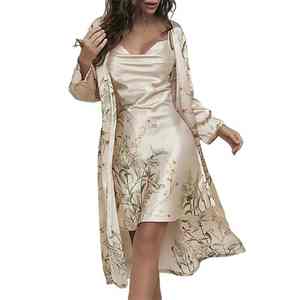 Women's Sexy Pajama Costume Two Piece Set Satin Robe <b>Slip</b> Dress Spring Summer Print Pattern Home Suit Elastic <b>Waist</b> Soft - Product Image 1