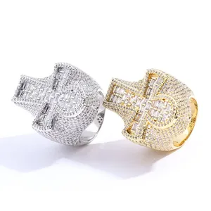 Anillo de Cruz de Plata Antigua y Latón para Hombre, Joyería Cristiana, con Zirconia Redonda Engastada en Canal, Anillo de Moda Retro y Elegante, Accesorio - Product Image 1