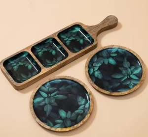 Saladier en bois de haute qualité avec accessoires de cuisine en émail imprimé feuille ou cadeau décoratif décoration de table mariage - Product Image 2