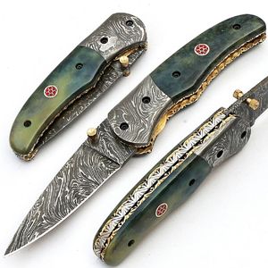 Customizable Damascus Folding Pocket Knife <b>Belt</b> Holster <b>Leather</b> <b>Pouch</b> Wood Handle OEM Display Logo Printed Folding Knives - Product Image 6