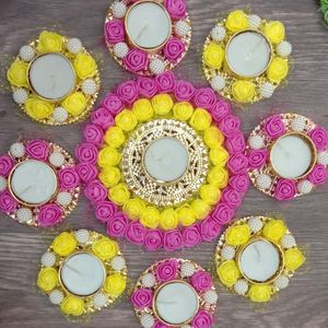 Belle photophore Rangoli fleurs artificielles bougies chauffe-plat pour le Festival de Diwali ensemble de décoration de la maison traditionnelle à vendre - Product Image 3
