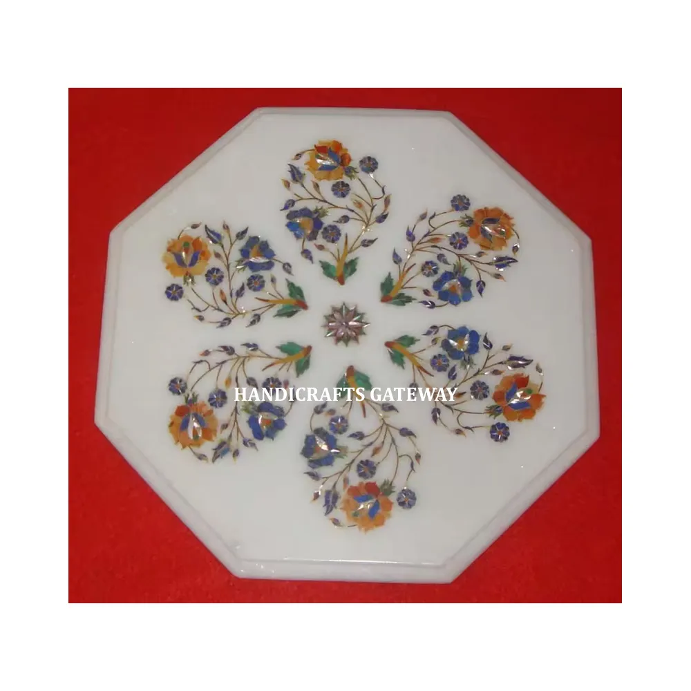 Beyaz mermer özel ve antika çiçek tasarım sekizgen şekli yüksek kaliteli bitirme yemek masası üst hint tasarımcı tarafından yapılan