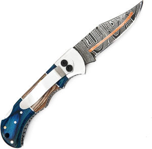 Couteau de poche en acier Damas 58HRC personnalisable et haute durabilité avec étui en cuir pour camping, randonnée et survie en extérieur – Support OEM - Product Image 1