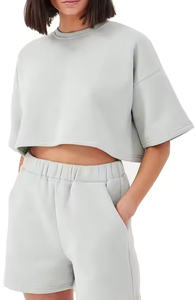 Señoras de manga corta Crop Top Sudadera Streetwear Moda Drop Shoulder Cropped Top Set Oversize 100% Algodón - Product Image 2