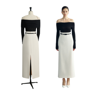 Conjunto elegante para mujer Faldas blancas acampanadas para mujer con cinturón negro FALDA ADELA MAXI Tela de alta calidad WHITEANT Vietnam - Product Image 1