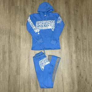 Streetwear empilé à capuche unisexe personnalisé survêtement survêtement deux pièces survêtement pantalon évasé Baggy ensemble 100% coton - Product Image 5