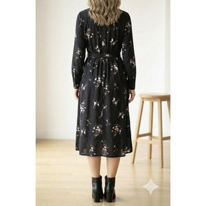 Vestido Maxi Micro Interlock Estampado con Cuello Mandarín, Manga Larga y Cinturón para Mujer, 32261 - Negro - Product Image 2