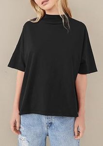 Camiseta recortada personalizada con cuello simulado negro para mujer, Top corto 100% de algodón, Camiseta lisa de gran tamaño con cuello simulado para niñas - Product Image 4