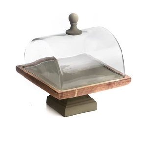Wooden Tray Bowl <b>Cake</b> <b>Stand</b> <b>with</b> <b>Glass</b> <b>Dome</b> Elegant <b>Cake</b> Pastry Tray for Enhancing Party Decor - Product Image 1