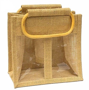 Wholesale Custom Logo Single <b>Jute</b> Linen Wine Bottle Tote <b>Bag</b> Reusable Eco-Friendly Carry <b>Gift</b> <b>Bag</b> with Wooden Handle - Product Image 6