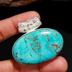 Turquoise Pendentif Pierre Précieuse Pendentif Bijoux Allemand Argent Forme Ovale Bleu Vintage Design DIY Lunette Turquoise Pendentif - Product Image 2