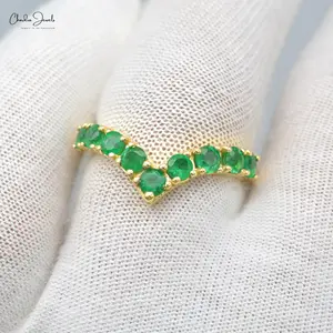Doğal taş 3 mm zümrüt Emerald Prong seti yüzük 14k katı sarı altın el yapımı yüzük takı üretici ve tedarikçi