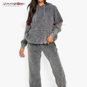 Survêtement délavé à l'acide pour femmes avec capuche à manches longues et bas à taille élastique Survêtement délavé à l'acide pour femmes - Product Image 3