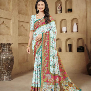 Dernière collection de saris en crêpe de soie avec impression en feuille d'or - Product Image 1