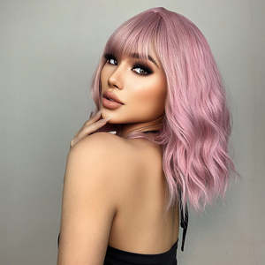 DWY <b>WIGS</b> <b>14</b> <b>Inch</b> Short Pink Wavy Curly <b>Wig</b> with Bang US Only Lace Front <b>Wigs</b> with Transparent Lace Color - Product Image 6