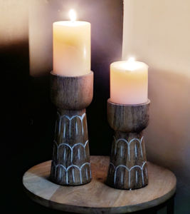 Candelabros de madera con forma de seta torneados a mano, soporte de pilar de Base cónica grabado sostenible decorativo para el hogar - Product Image 3