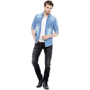 เสื้อเชิ้ตเดนิมผู้ชายคลาสสิก ปกพับติดกระดุมเม็ดเดียว ผ้ากันยับ ระบายอากาศได้ดี ผ้าฝ้าย 100% ทรงปกติ ซักนุ่ม - Product Image 3