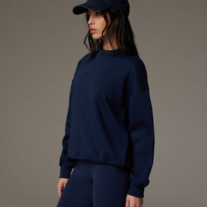 Sudadera azul marino para mujer con emblema bordado logotipo personalizado escote acanalado y puños Sudadera con capucha larga para entrenamientos de invierno al por mayor - Product Image 2