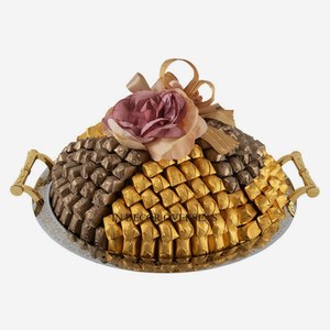 Bandeja de servicio de chocolates de forma redonda de metal de calidad superior de forma redonda pulida Brillante De plata con asas de metal chapadas en oro - Product Image 1