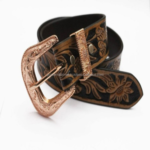 เข็มขัดหนังแท้สไตล์ตะวันตกแบบใช้มือคุณภาพระดับพรีเมียมพร้อมห่วงโลหะดีไซน์ลายดอกไม้โบราณ - Product Image 1
