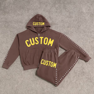 Sudadera con Capucha y Pantalones Deportivos Holgados con Logotipo Personalizado, Serigrafía, Pedrería, Cierre de Cremallera, Ropa Deportiva de Algodón Grueso para Hombre - Product Image 3