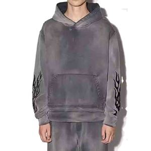 Sweat à capuche d'hiver pour hommes de Style Vintage lourd lavage à l'acide pull en coton noir brodé motif solide imprimé 100% coton à capuche - Product Image 5