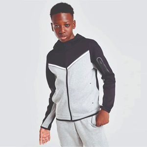 Sweat-shirt à capuche et pantalon de survêtement en molleton technique pour garçons, avec logo de marque personnalisé, 69% coton, 31% polyester, noir, extensible dans les quatre sens, fermeture éclair intégrale - Product Image 2