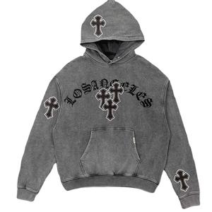 New Design Wholesale Price High Quality <b>Acid</b> <b>Washed</b> Hoodies 100% Cotton Distressed Embroidery Pullover Hoodies - Product Image 1