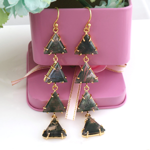 Luxury fashion jewelry natural moss agate gemstone dangler eardrop triangular shape handmade <b>long</b> gold hanging <b>earrings</b> - Product Image 1