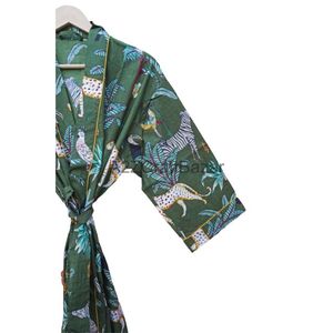 Handmade Green Floral Front Logo V-neck Pure Cotton Kimono Robe New Arrival Women's Daily Life Summer Spring Hand Printed - Product Image 3