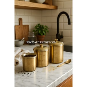 Pure Brass Material Embossed Designing Gold Plated Modern Tea Coffee Canister Kitchen Ware Tin Pots Set Of 3 Stylish Tin Pots - Product Image 2