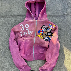 Custom Designer 500GSM High Quality Full-Zip Hoodie Distressed Badge Streetwear Jacket Winter 100% Cotton with Customized Logo - Product Image 2