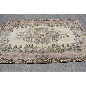 Vintage Turkish Rug 5.7 X 9.1ft Beige <b>Brown</b> <b>Wool</b> Flat Weave Patchwork Pattern for Living Room Decor Hallway Use Latex Backing - Product Image 3
