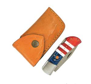 American Flag Handle Custom Handmade Damascus Steel Back Lock Folding Pocket <b>Knife</b> With Leather <b>Sheath</b> - Product Image 3