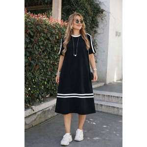 Women's Short-Sleeve Crew Neck Midi <b>Viscose</b> <b>Dress</b> with Stripe Detail, 37492 - Black - Product Image 1