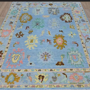 Alfombra con nudo hecha a mano, alfombra persa con nudo turco azul cielo, alfombra Oushak de Color, alfombra completa, alfombra bordada de 8x10 pies - Product Image 1