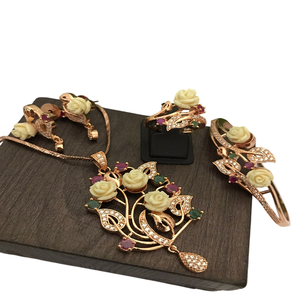 Premium Rose Gold Plated CZ Pendant Set with Chain, Matching Earrings, Ring & <b>Bracelet</b> Luxury Jewelry for Women Perfect Gift Set - Product Image 1