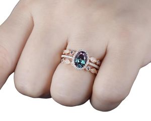 Anillo de compromiso de plata de ley 925 con alejandrita sintética de 1.1 quilates, halo vintage, conjunto nupcial de oro rosa de 14K, hecho a mano, clásico. - Product Image 6