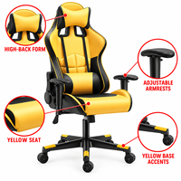Chaise de jeu en PVC noir et jaune avec accoudoirs réglables, appui-tête et coussins lombaires, et base en nylon