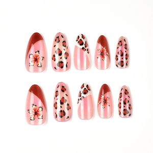 24 pièces de faux ongles amande œil-de-chat <span class=keywords><strong>automne</strong></span>/hiver, manucure française 3D, motifs fleurs et imprimé léopard, vente en gros - Product Image 4