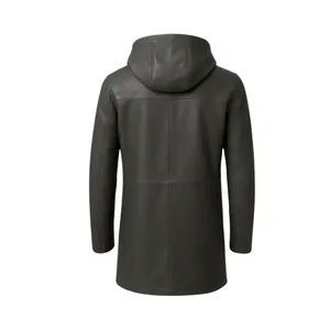 Manteau en cuir noir à capuche avec fermeture éclair - Product Image 2