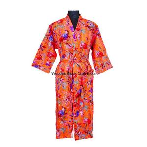 100% Cotton <b>Long</b> Vintage Organic Kantha Quilted <b>Kimono</b> <b>Robe</b> Handmade Indian Festival Spring Eco-Friendly Sleepwear - Product Image 2