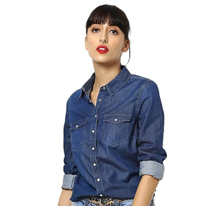 Camisa occidental de alta calidad para mujer, vaquera, Sexy, elegante, de manga larga, Color azul oscuro sólido, liso, con botones, blusas vaqueras para mujer - Product Image 5