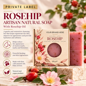 Sapone Artigianale di Rosa Canina con Etichetta Privata 100g |   Rinnovamento della Pelle Senza Olio di Palma Naturale Vegano |   OEM Spagna - Product Image 2