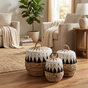 Juego de Cestas de Almacenamiento Ecológicas de Macramé con Corteza de Plátano Natural, con Asas, Diseño Tribal Moderno con Diamantes, Decoración Multiusos para el Hogar - Product Image 5