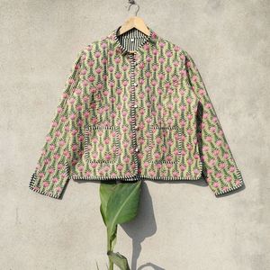 Vert rose hiver lavé décontracté veste matelassée femmes rayé passepoil fait à la main Vintage Boho Double face robe - Product Image 6