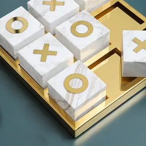Juego de Tic-Tac-Toe de mármol de lujo con tira de metal, tablero de mármol con tacto dorado con XO de mármol para decoraciones y juegos del Hogar Infantil - Product Image 3